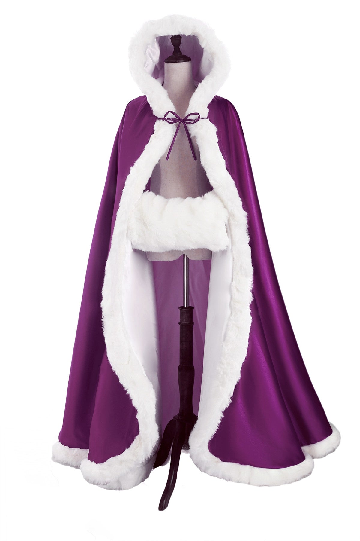 Wedding Cape Hooded Cloak for Bride Winter Reversible with Fur Trim Free Hand Muff Full Length 50 55 inches (19 Colors)
