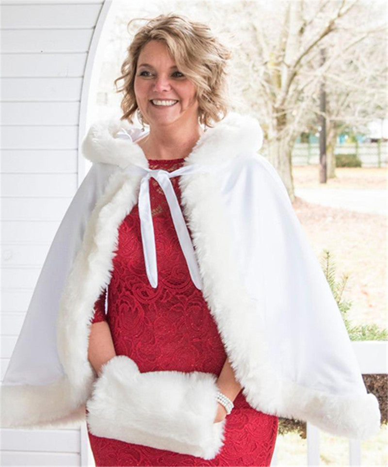 Hochzeitsumhang mit Kapuze für die Braut, Winter, wendbar, mit Pelzbesatz, kostenloser Handmuff, hüftlang, 18 Farben von BEAUTELICATE