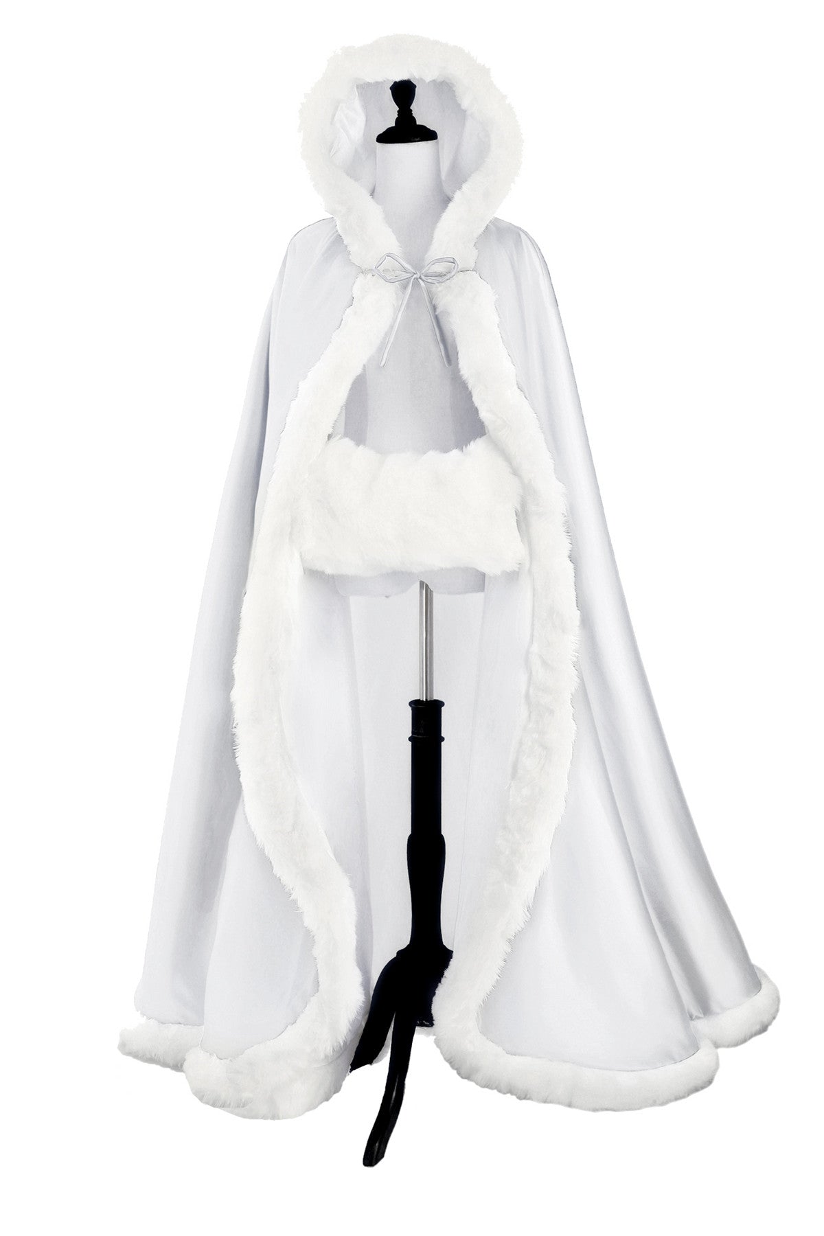 Wedding Cape Hooded Cloak for Bride Winter Reversible with Fur Trim Free Hand Muff Full Length 50 55 inches (19 Colors)