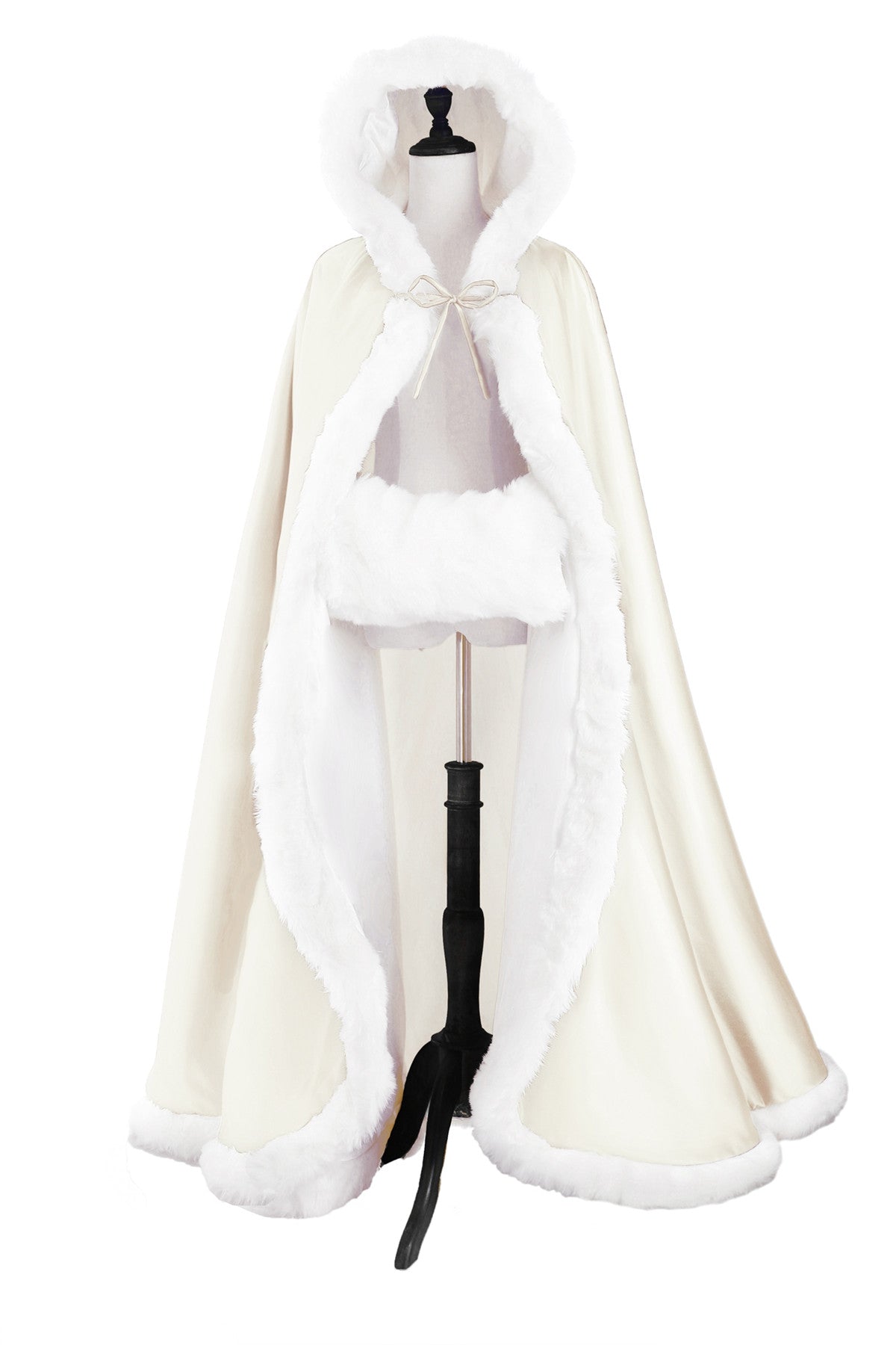 Wedding Cape Hooded Cloak for Bride Winter Reversible with Fur Trim Free Hand Muff Full Length 50 55 inches (19 Colors)