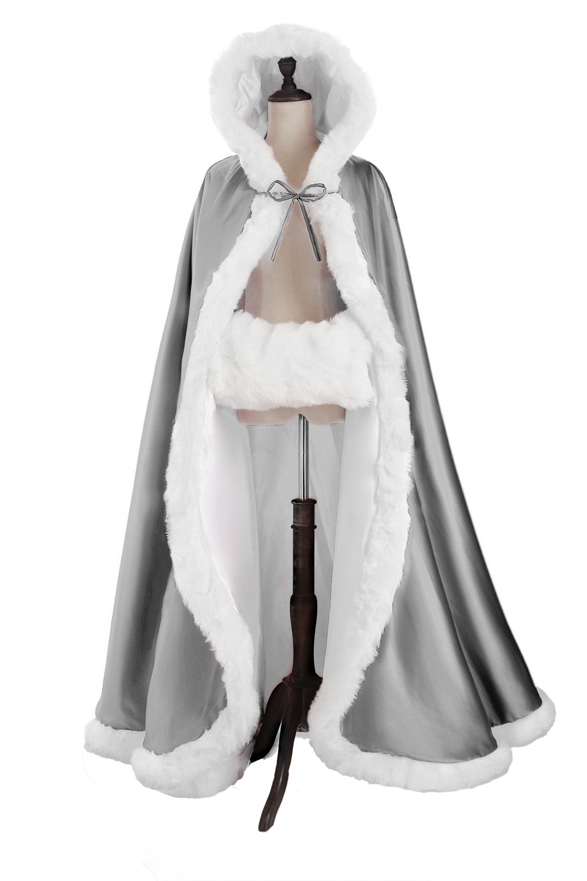 Wedding Cape Hooded Cloak for Bride Winter Reversible with Fur Trim Free Hand Muff Full Length 50 55 inches (19 Colors)