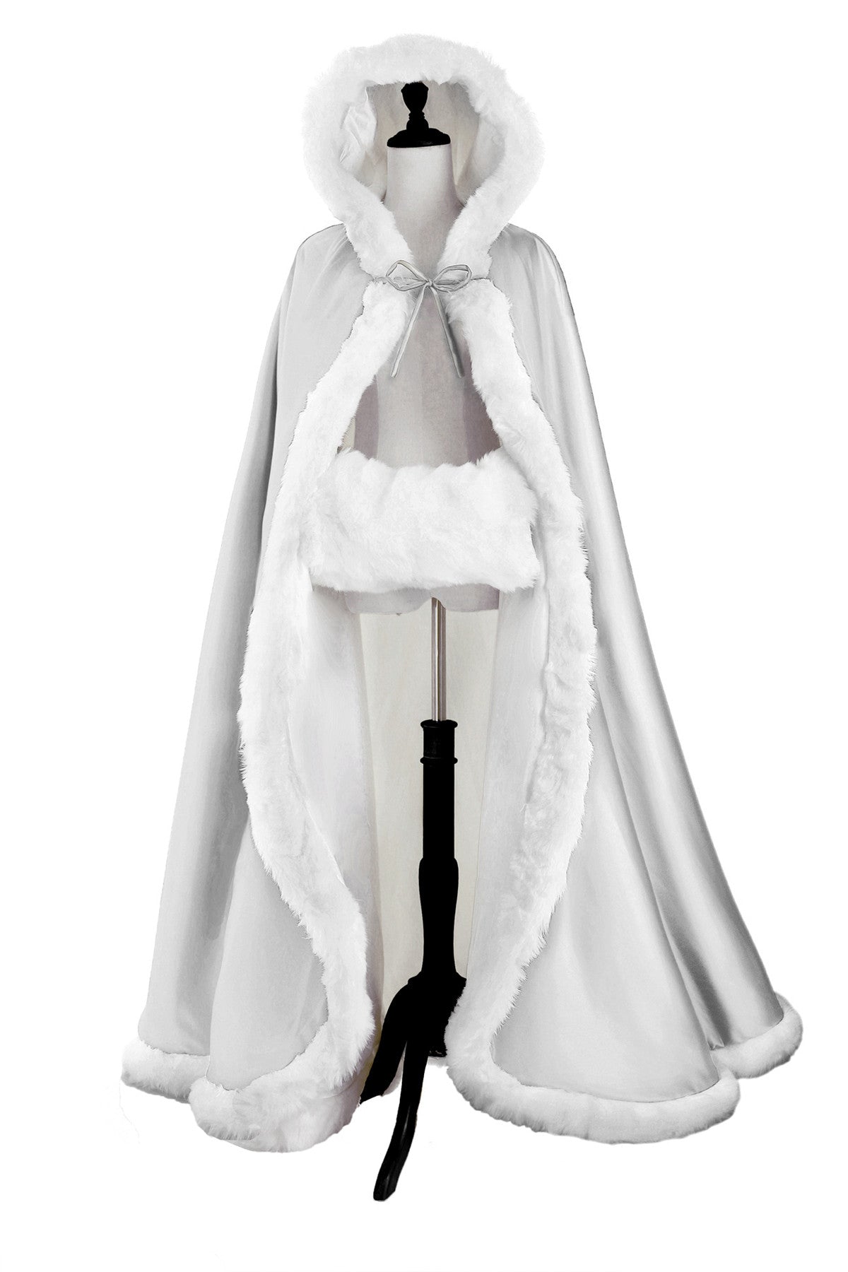 Wedding Cape Hooded Cloak for Bride Winter Reversible with Fur Trim Free Hand Muff Full Length 50 55 inches (19 Colors)