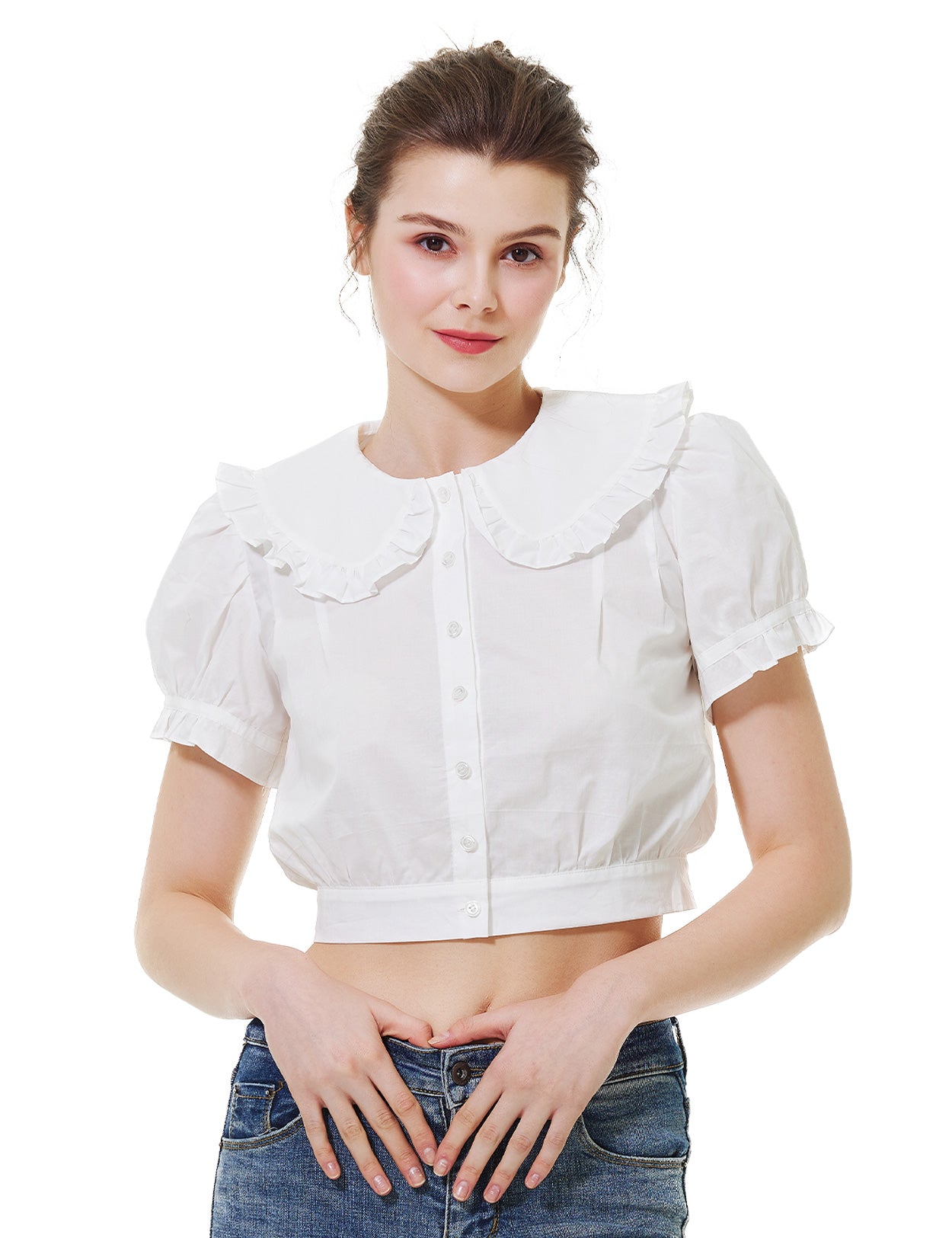 100% Cotton Vintage French Crop Top with Peter Pan Collar & Puff Sleeve