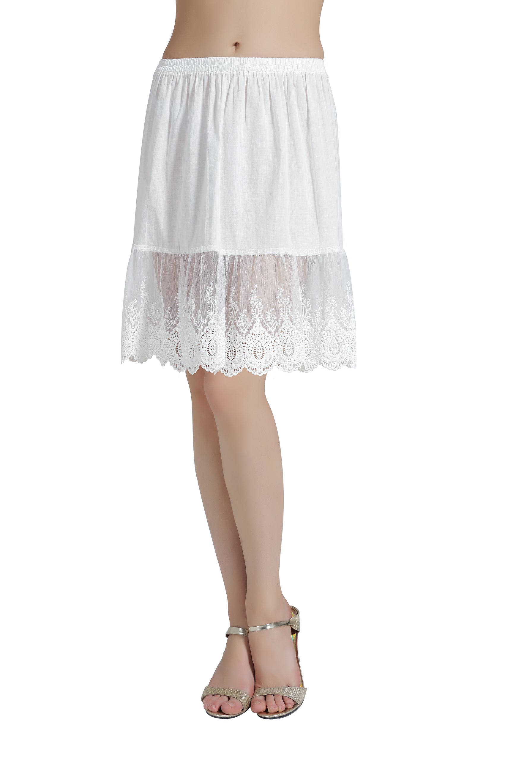 Lace Trim Half Slip: 100% Cotton Knee Length (Ivory/Black)