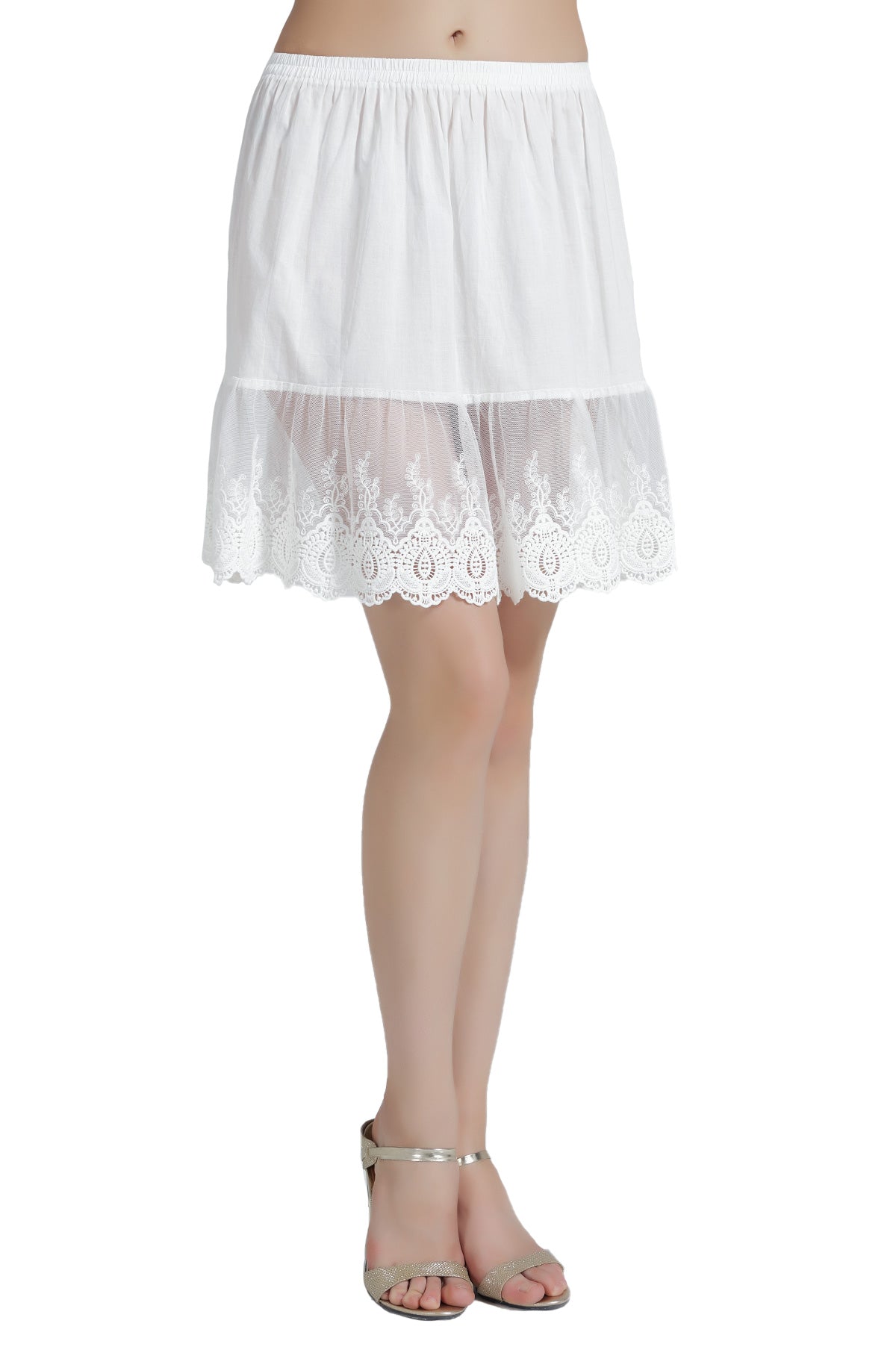 Lace Trim Half Slip: 100% Cotton Knee Length (Ivory/Black)