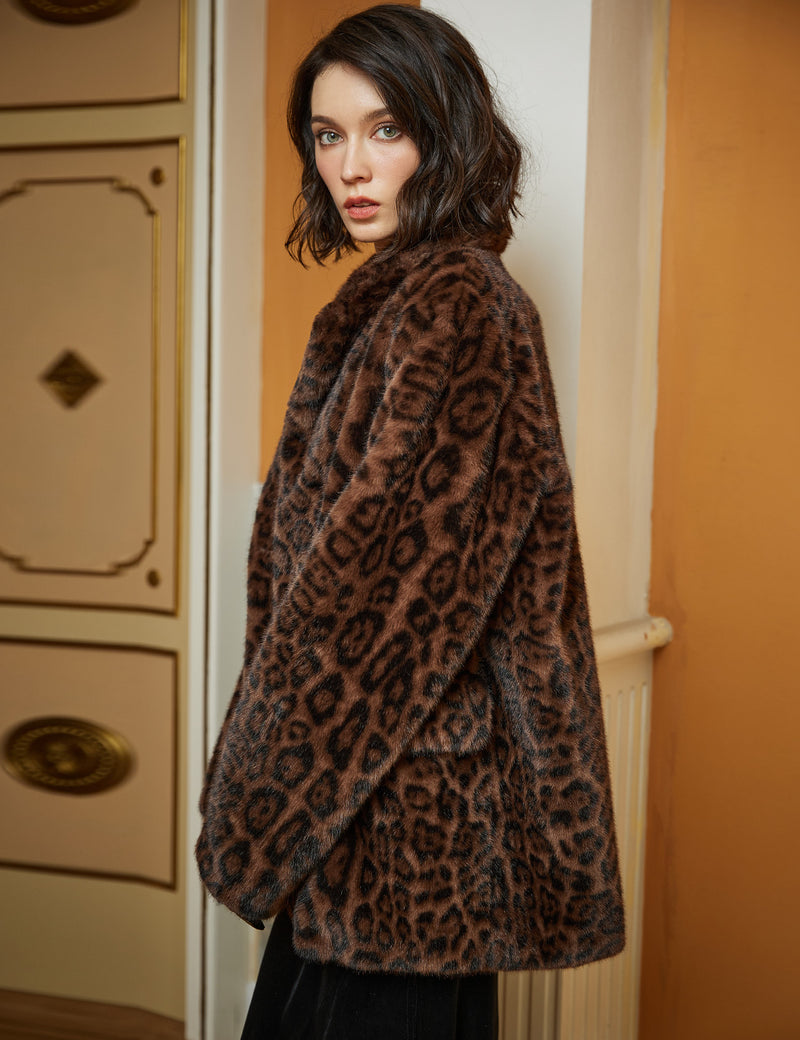 Women Leopard Faux Fur Oversized Coat with Pockets Lapels