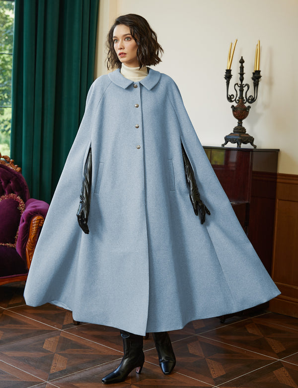 Wool Blend Cape Coat Poncho for Woman Light Blue