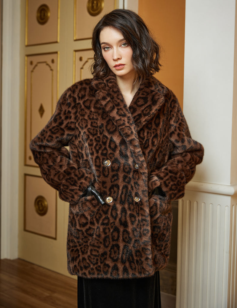 Women Leopard Faux Fur Oversized Coat with Pockets Lapels