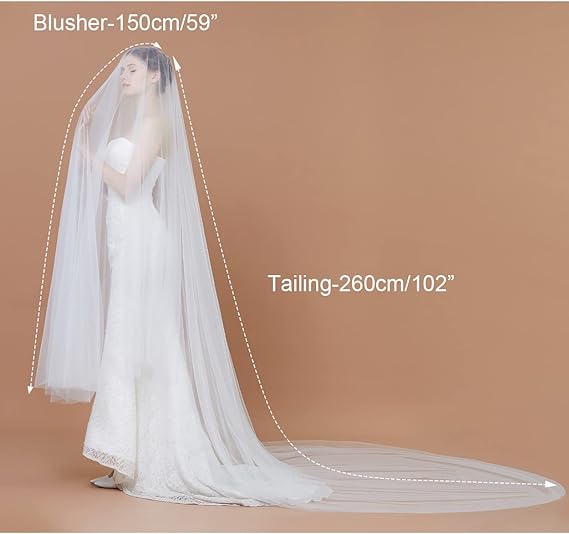 BEAUTELICATE Wedding Bridal Veil Drop Veil With Long Blusher 1Tier Sheer Illusion Veil With Comb Cathedral Length 118'' Width Ivory White V130