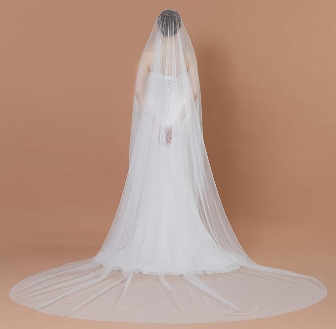 BEAUTELICATE Wedding Bridal Veil Drop Veil With Long Blusher 1Tier Sheer Illusion Veil With Comb Cathedral Length 118'' Width Ivory White V130