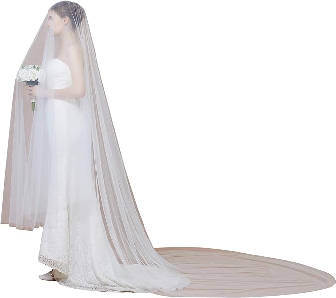BEAUTELICATE Wedding Bridal Veil Drop Veil With Long Blusher 1Tier Sheer Illusion Veil With Comb Cathedral Length 118'' Width Ivory White V130