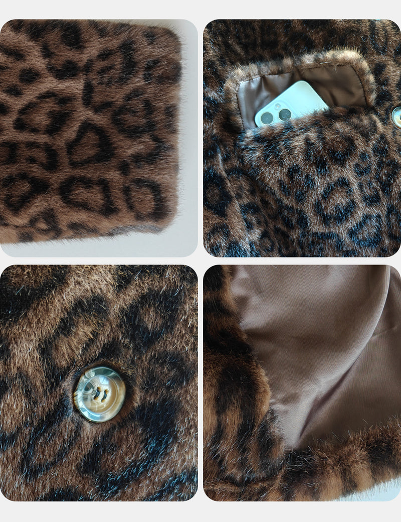 Women Leopard Faux Fur Oversized Coat with Pockets Lapels