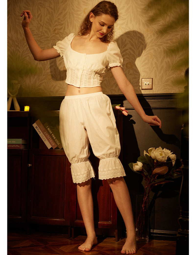 Women Cotton Pantaloons Costume Bloomers Vintage Pettipants With Lace Ruffle Hem