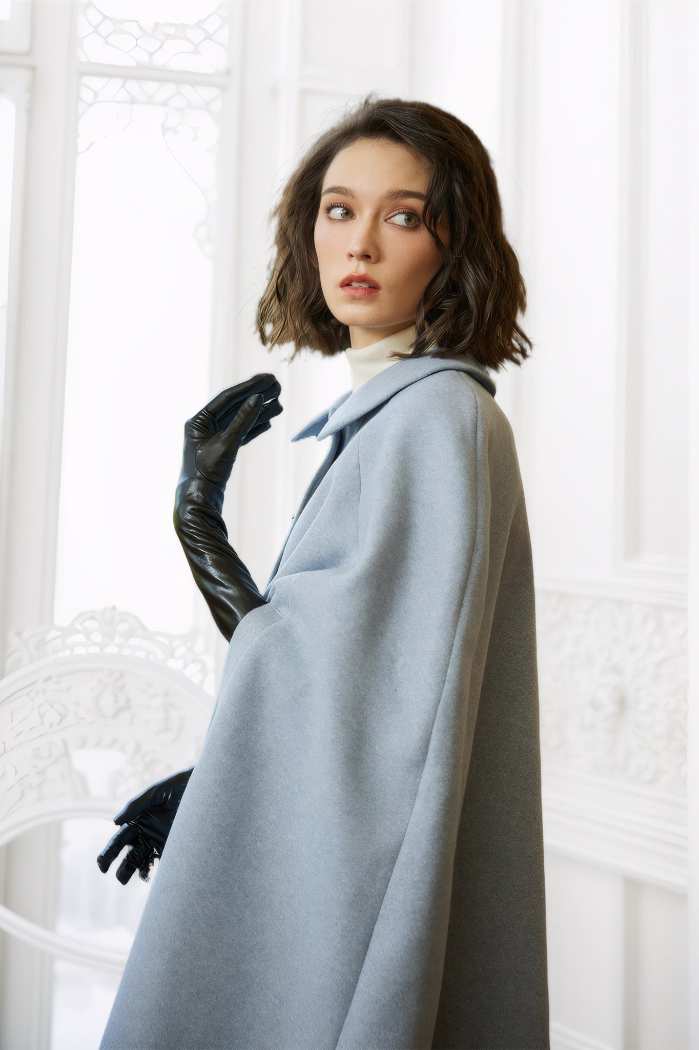 公式 Poncho Coat Cape Blend Wool for Blue Light Woman 小物