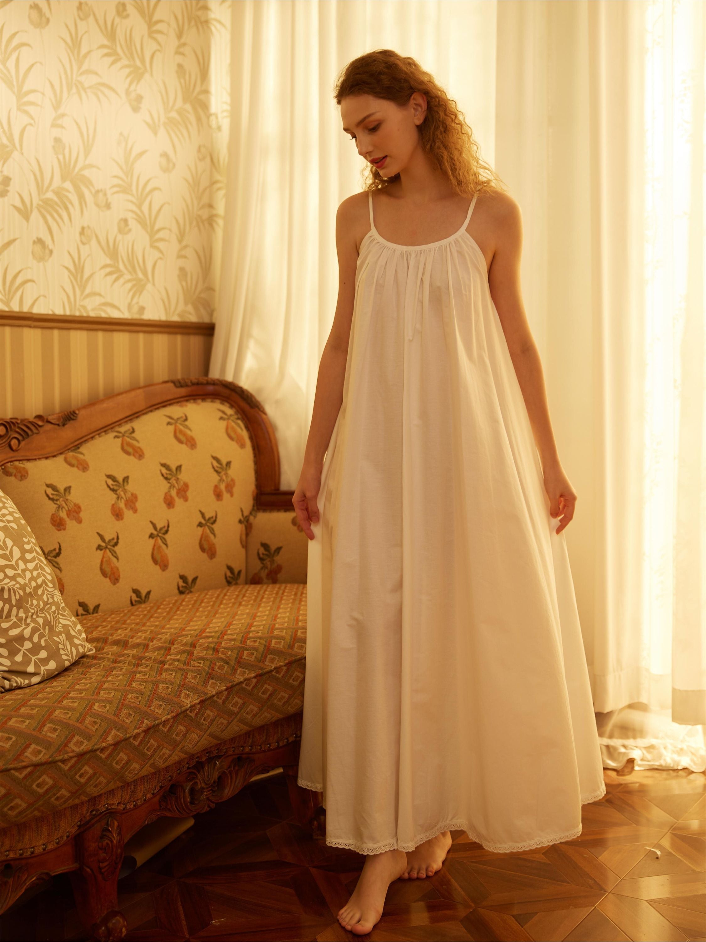 100% Cotton Victorian Nightgown for Women Grecian Sleepwear Honeymoon Bridal Lingerie Ivory