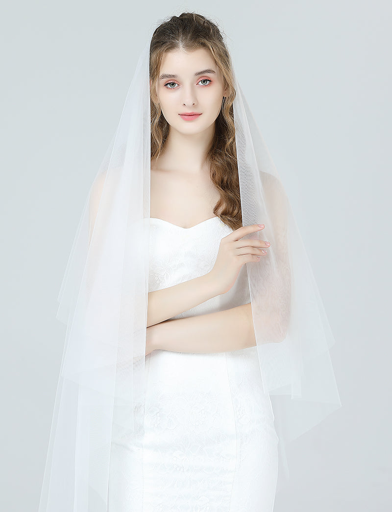 Bridal Wedding Veil 2 Tier For Women Cut Edge Knee Length With Comb Ivory White-V92