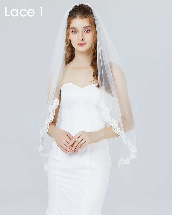 Wedding Bridal Veil with Comb 1 Tier Lace Applique Edge Fingertip Length 41"-V79.83.84