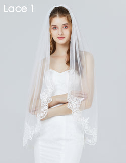 Wedding Bridal Veil with Comb 1 Tier Lace Applique Edge Fingertip Length 41"-V85.86