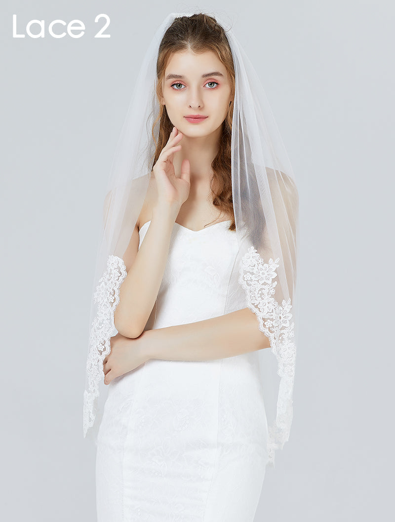 Lunss Ivory Fingertip Length Single-Tier Lace Edging Veil