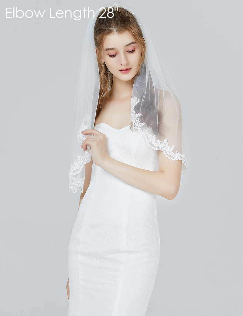Wedding Bridal Veil with Comb 1 Tier Lace Applique Edge Fingertip Length 36"-V71