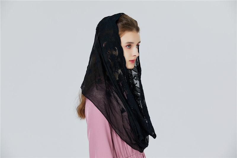 Catholic Chapel Veil Easter Mantilla Latin Mass Halloween Church Cathedral Head Covering Infinity Lace Scarf Off White Black-V103