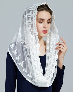 Catholic Chapel Mantilla Veil Church Cathedral Infinity Lace Scarf Head Covering Easter Latin Mass Pray For God Off White-V108