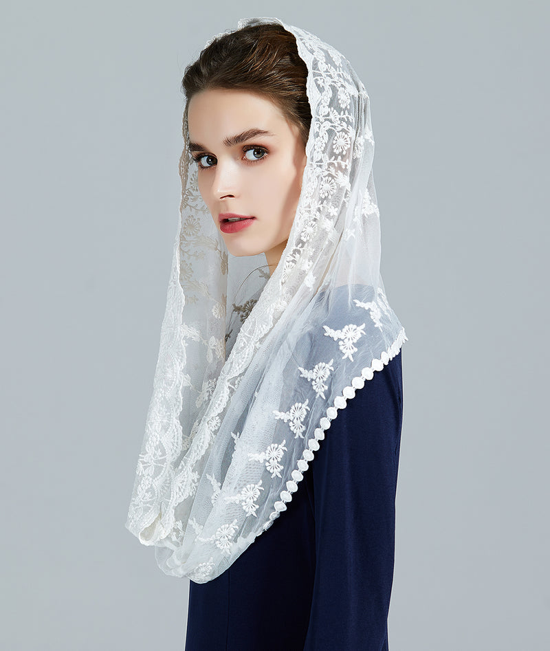 Catholic Chapel Mantilla Veil Church Cathedral Infinity Lace Scarf Head Covering Easter Latin Mass Pray For God Off White-V108