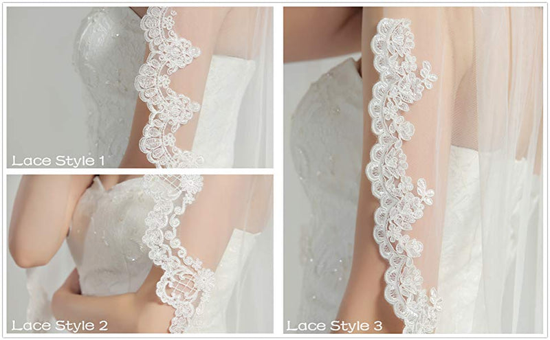 Wedding Bridal Veil with Comb 1 Tier Lace Applique Edge Fingertip Length 41"-V82.V87.V88