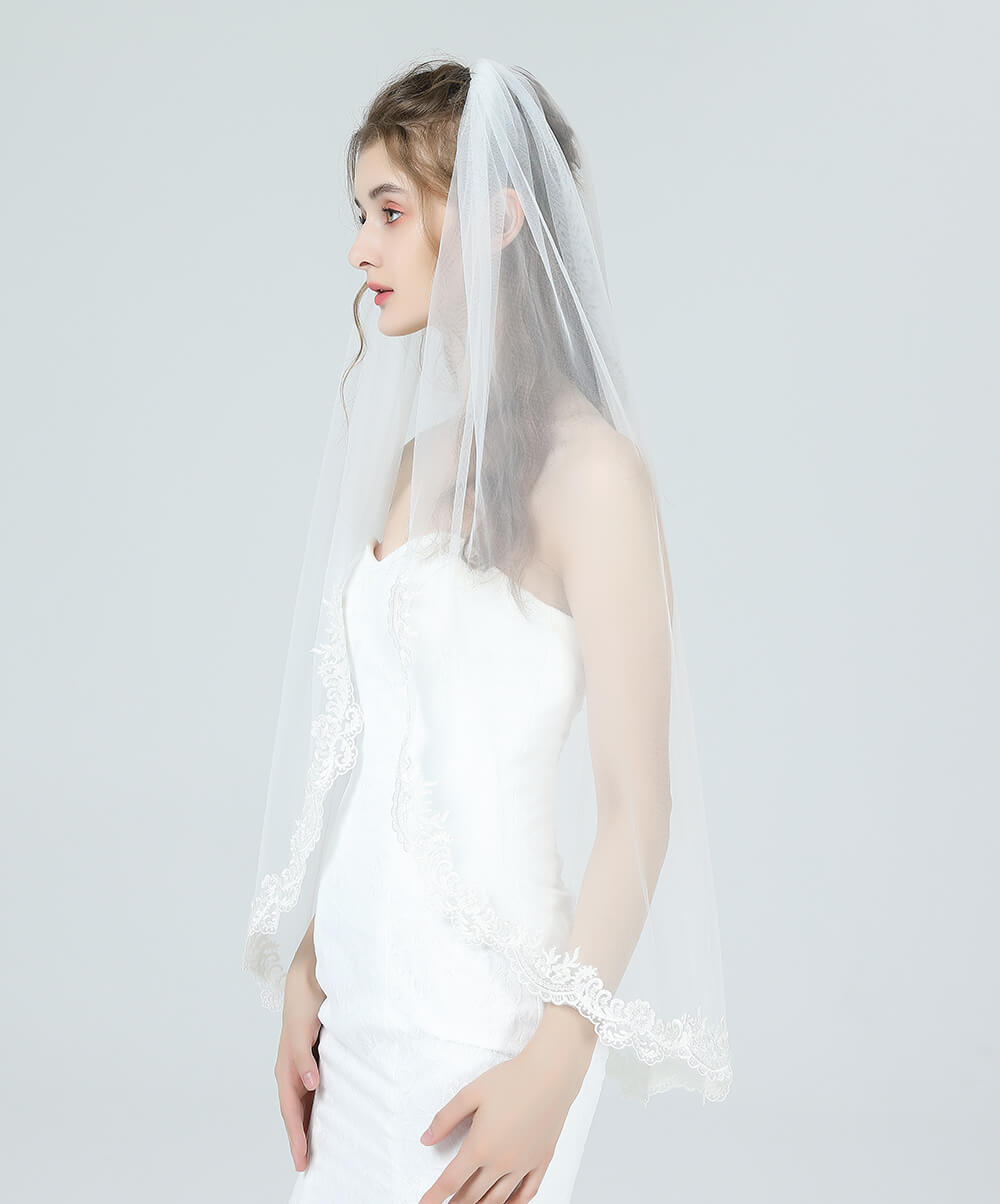 1-Tier-Wedding-Bridal-Veil-with-Metal-Comb-Lace-Applique-Edge-Fingertip-Length-Ivory-White