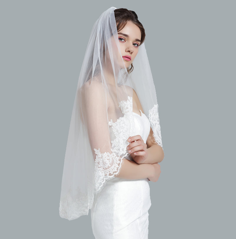 Wedding Bridal Veil with Comb 1 Tier Eyelash Lace Trim Applique Edge Fingertip Length 37" White Ivory-V66
