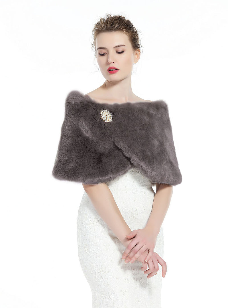 Faux Fur Shawl Wrap Women’s Bridal Winter Wedding Party Shrug Free Brooch (12 colors)-S61