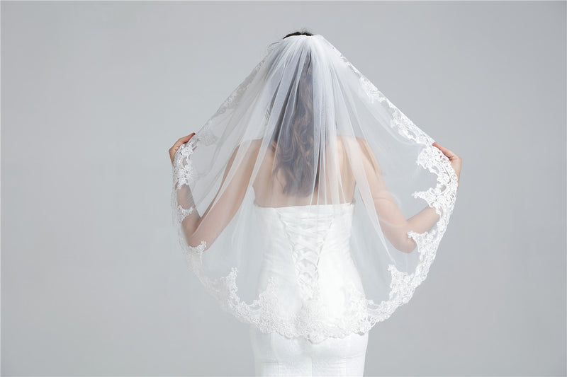 Wedding Bridal Veil with Comb 1 Tier Lace Applique Edge Fingertip Length 36"-V65-CustomMade