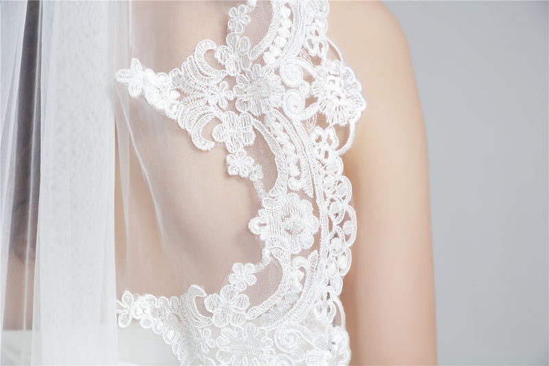 Wedding Bridal Veil with Comb 1 Tier Lace Applique Edge Fingertip Length 36"-V65-CustomMade