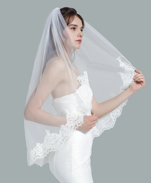 Wedding Bridal Veil with Comb 1 Tier Eyelash Lace Trim Applique Edge Fingertip Length 37" White Ivory