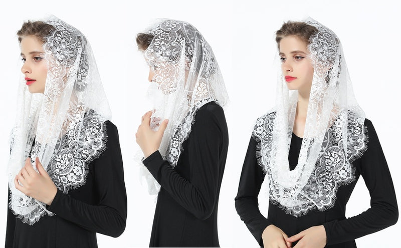 Mantilla Catholic Veil Easter Halloween Church Chapel Cathedral Head Covering Infinity Lace Scarf Latin Mass Off White-V100