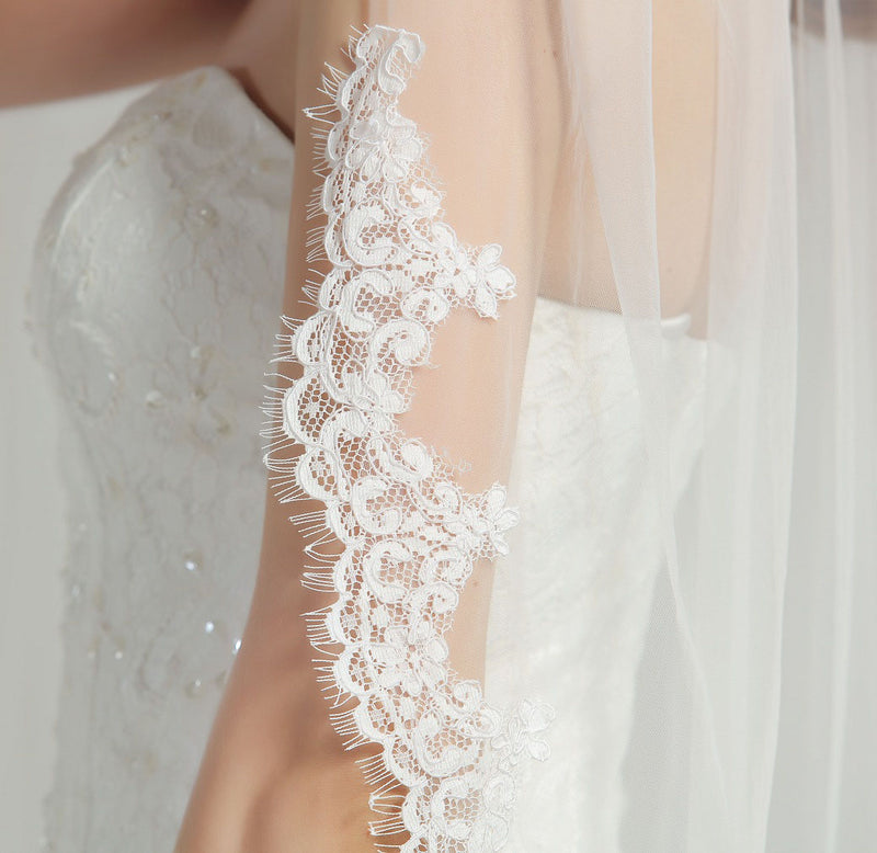 Wedding Bridal Veil with Comb 1 Tier Eyelash Lace Trim Applique Edge Fingertip Length 37" Ivory White-V80
