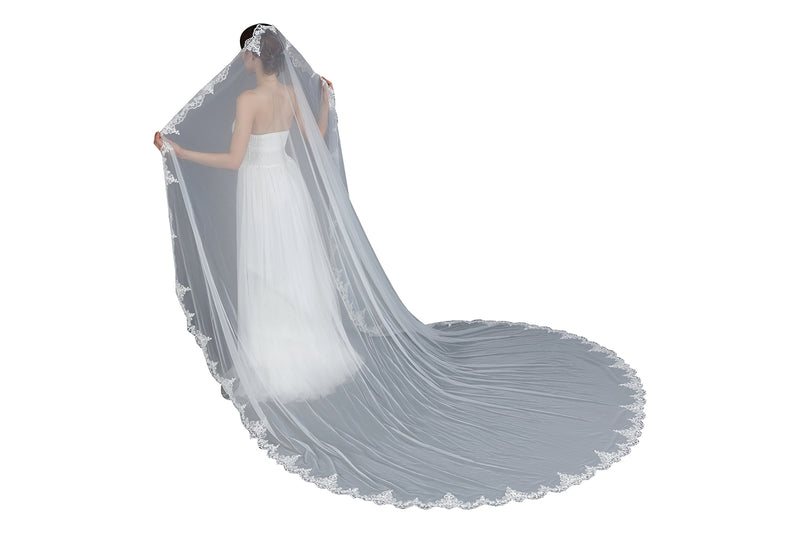 Wedding Bridal Veil with Comb 1 Tier Lace Applique Edge Fingertip Leng –  BEAUTELICATE