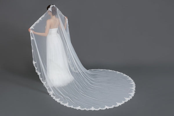 Wedding Bridal Veil with Comb 1 Tier Lace Applique Edge Cathedral Length 118"-V74