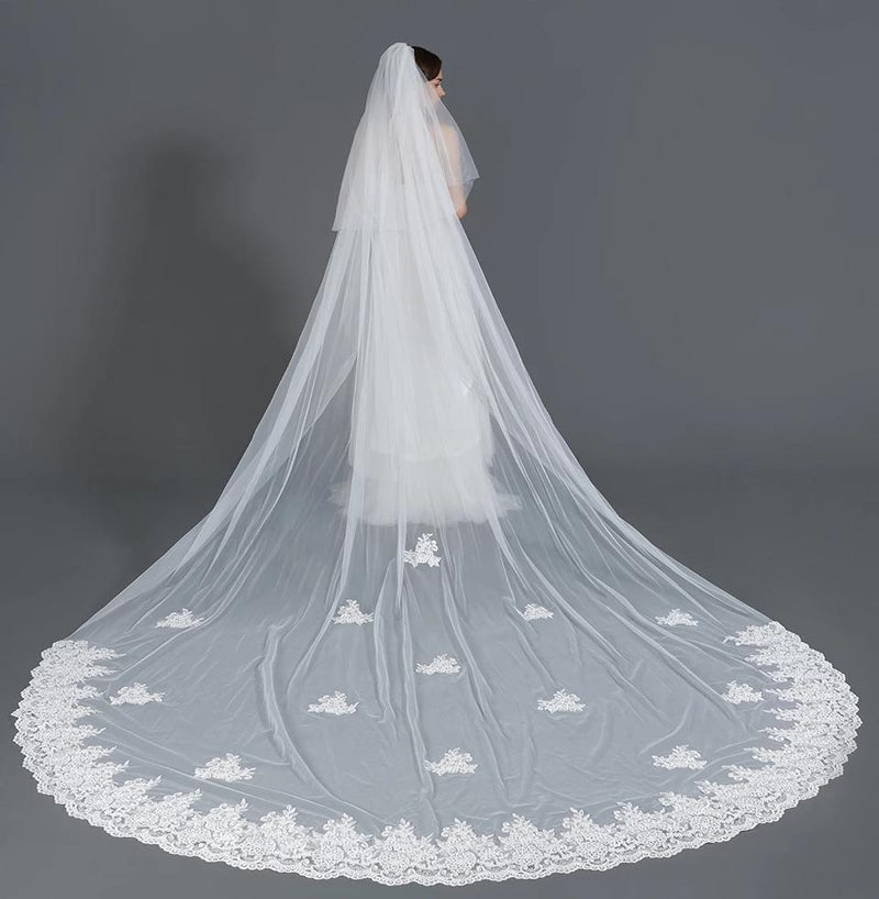 Wedding Bridal Veil with Comb 2 Tier Lace Applique Edge Cathedral Length 157"-V78