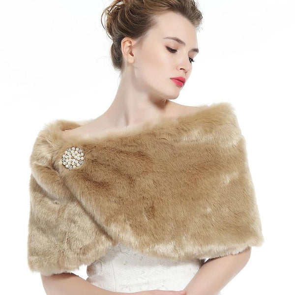 Faux Fur Shawl Wrap Women’s Bridal Winter Wedding Party Shrug Free Brooch (12 colors)-S61