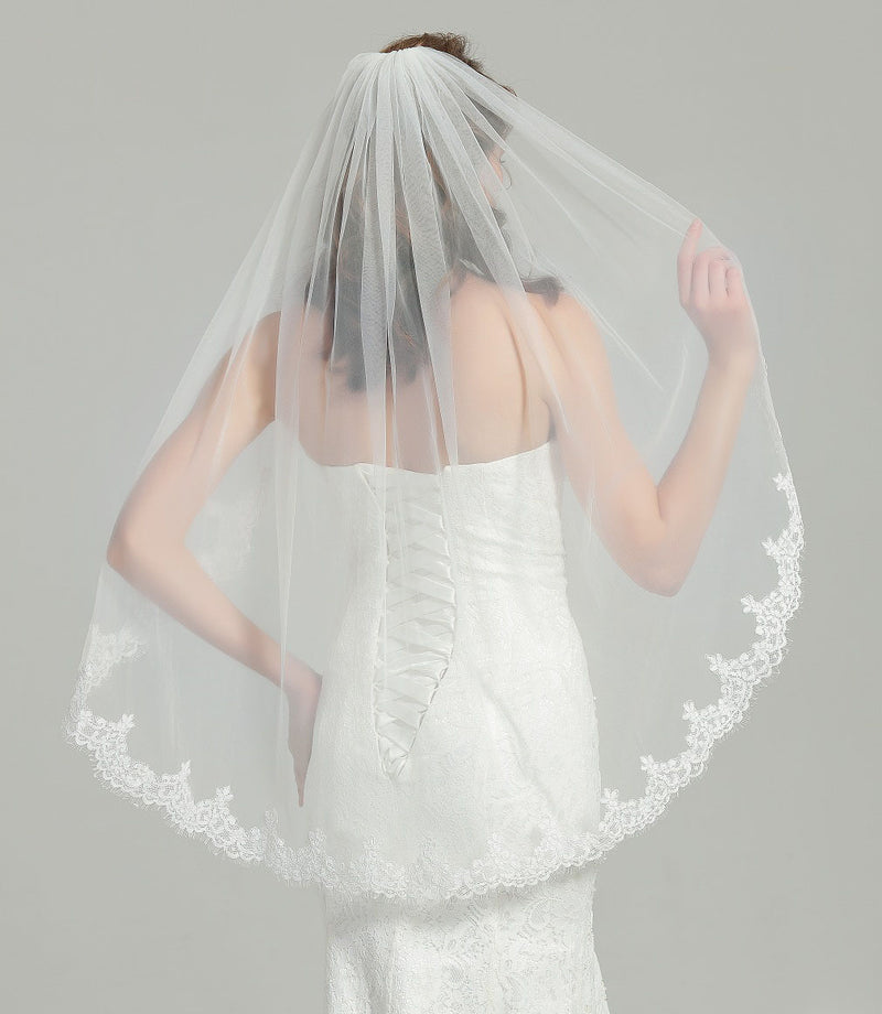 Wedding Bridal Veil with Comb 1 Tier Eyelash Lace Trim Applique Edge Fingertip Length 37" Ivory White-V80