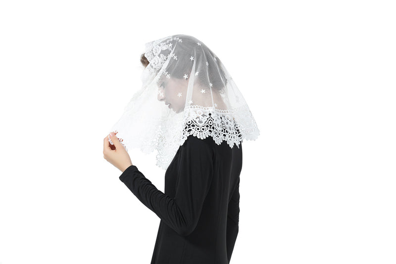 Princess Lace Veil Church Cathedral Catholic Chapel Mantilla Communion Easter Latin Mass Head Covering Off White-V105