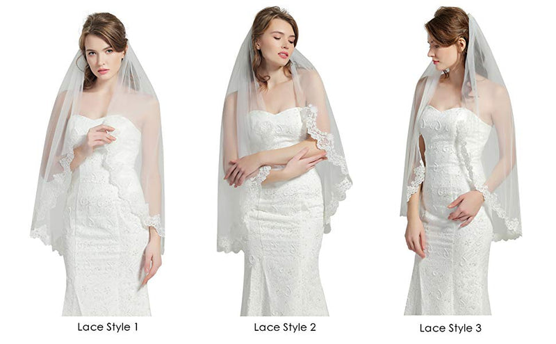 Wedding Bridal Veil with Comb 1 Tier Lace Applique Edge Fingertip Length 41"-V82.V87.V88