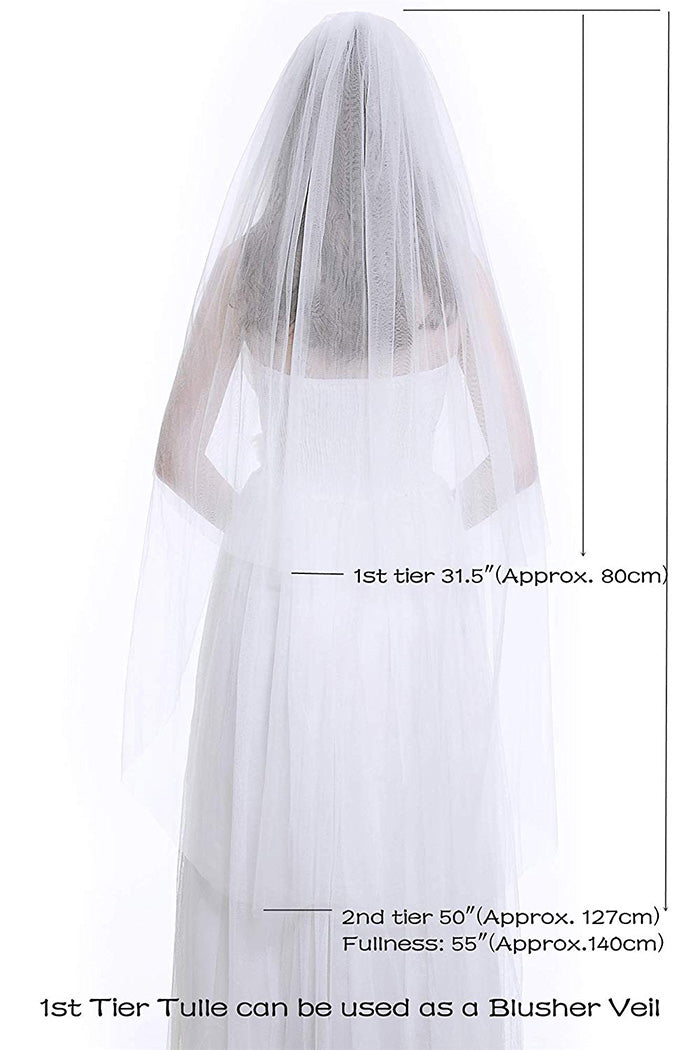 Bridal Wedding Veil 2T Knee Length Cut Edge with Comb Ivory White-V36