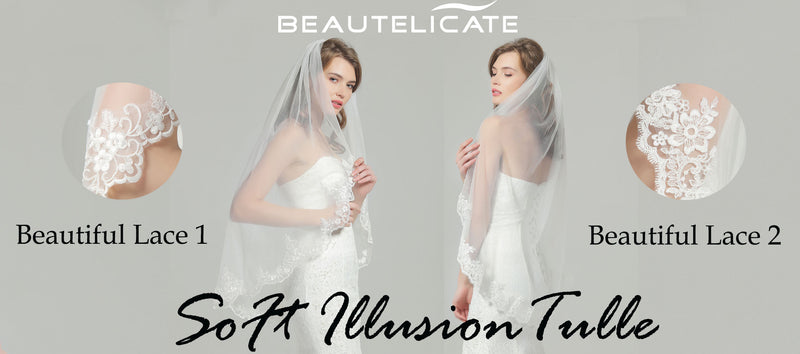 Wedding Bridal Veil with Comb 1 Tier Lace Applique Edge Fingertip Length 41"-V85.86