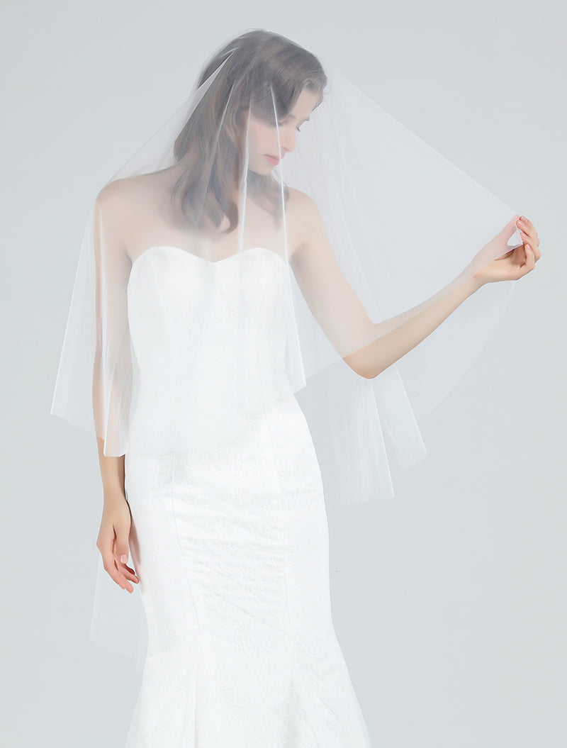 Bridal Wedding Veil 2 Tier For Women Cut Edge Knee Length With Comb Ivory White-V92