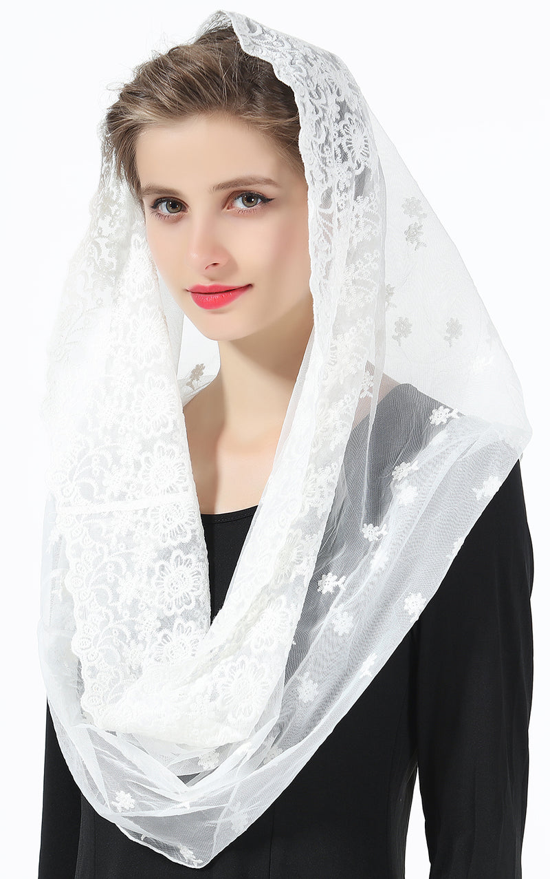 Catholic Mantilla Chapel Veil Easter Latin Mass Halloween Church Cathedral Head Covering Infinity Lace Scarf Off White-V102