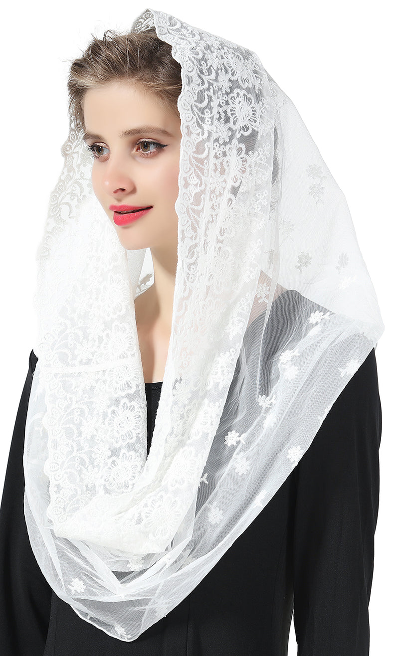 Catholic Mantilla Chapel Veil Easter Latin Mass Halloween Church Cathedral Head Covering Infinity Lace Scarf Off White-V102