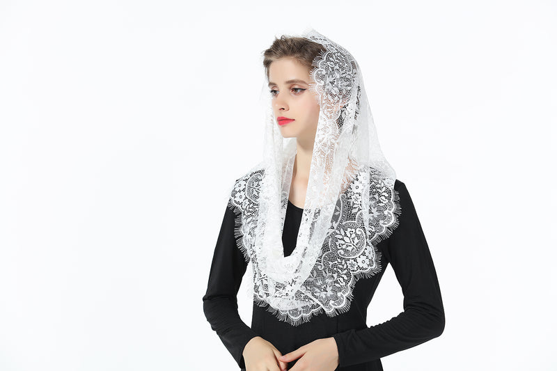 Mantilla Catholic Veil Easter Halloween Church Chapel Cathedral Head Covering Infinity Lace Scarf Latin Mass Off White-V100