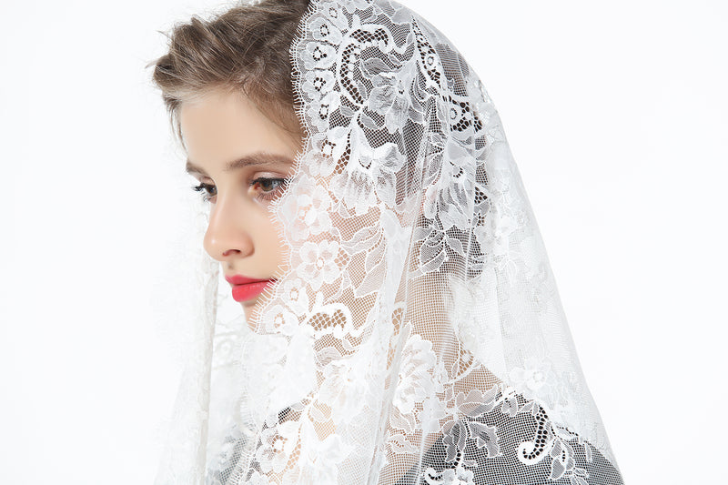 Mantilla Catholic Chapel Church Veil Easter Halloween Cathedral Head Covering Infinity Lace Scarf Latin Mass Off White-V101